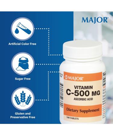 MAJOR Vitamin C-500 mg Ascorbic Acid - Vitamin C Tablets - Dietary Supplement - 100 Count (1 Pack) - Buy Online on GoSupps.com