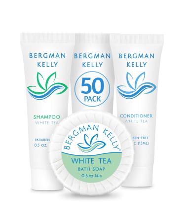 BERGMAN KELLY Round Hotel Soap Bars, Shampoo & Conditioner 3-Piece Set (0.5 oz each, 150 pc, White Tea), Delight Your Guests with Revitalizing & Refreshing Mini Travel Toiletries & Bulk Amenities Round Mini Size 0.5 Ounce …