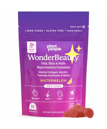 Plant People WonderBeauty Hair Skin & Nails Rejuvenation Gummies with Tremella Mushroom Marine Collagen Peptides Keratin & Biotin Watermelon Flavor 10 Gummies