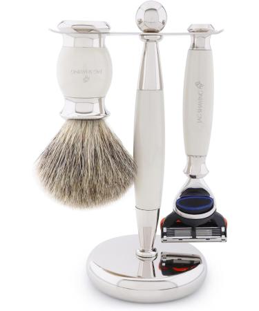 JAG Shaving Razor Set - Premium 4-Piece Set with Super Dachshaar Brush 5 Razor Blades Bowl & Stand - Perfect Ivory Gift for Men - Buy Online on GoSupps.com