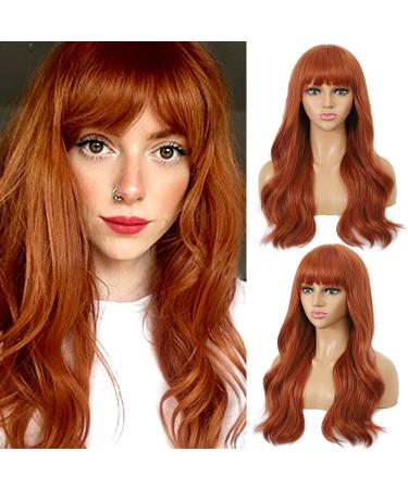 FAELBATY Long Orange Wig Curly Wave Wigs With Bangs Synthetic Cosplay Wig for Girl Super Long Orange Wigs for Women (26" Orange)