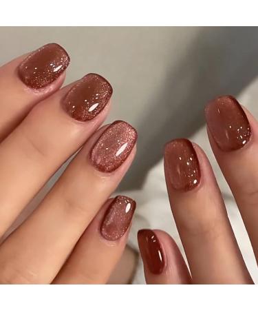 Short Press on Nails Square Cat Eye Acrylic Nails Press ons Artificial Fake Nails Brown Full Cover False Nails with Designs Glossy Stick on Nails for Women 24 Pcs Cat Eye - Brown