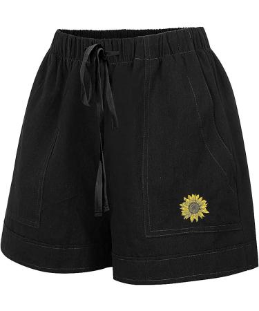 Gufesf Women's Linen Casual Shorts | Lightweight & Comfy | Elastic High Waist & Pockets | Y2-Black - Large - Buy Online on GoSupps.com