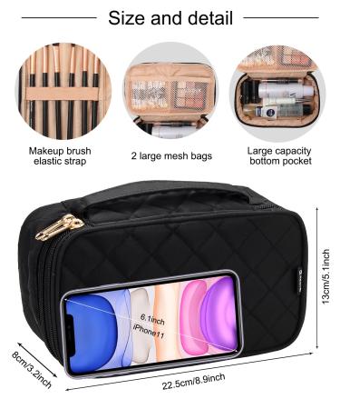 Relavel Small Makeup Bag for Women | 2 Layer Travel Organizer Handbag Purse Pouch | Makeup Brush Holder | Waterproof Nylon | Durable Zipper - Black - Buy Online on GoSupps.com