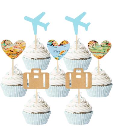 36 Pieces Travel Themed Cupcake Toppers Set Airplane Cupcake Toppers Map Heart Cake Toppers for Travel Themed Baby Shower Party Decorations (Blue and Brown)