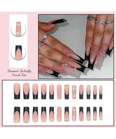 Black Butterfly False Nails Set - 24PCS French Square Tips with Glitter Diamond Design & Jelly Adhesive - Women's Nail Art - Buy Online on GoSupps.com