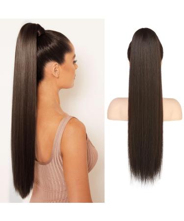 Flufymooz ponytail extension horse -tailed extension 66 cm long straight horse tail with cord curly ponytail Synthetic hair part for women (dark chocolate brown) 66 cm dark chocolate brown