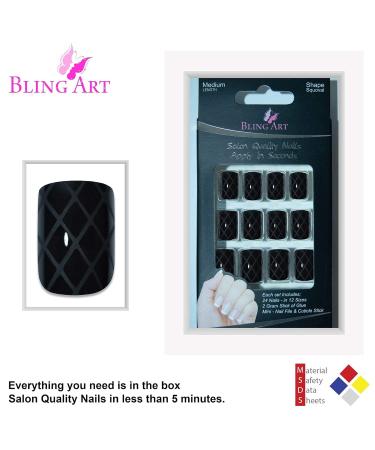 Buy Matte Black False Nails - 24 Squoval Bling Art Medium Tips with Glue | International Shipping - Buy Online on GoSupps.com