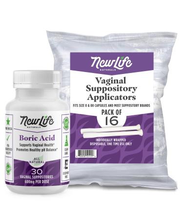 NewLife Naturals Boric Acid Suppositories 600mg w/Vaginal Applicators: 30 Suppositories & 16 Applicators - Yeast Infection & BV: USA