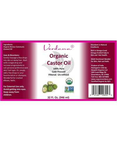 Verdana Organic Castor Oil - USDA Certified, Cold Pressed, Unrefined, 100% Pure & Hexane Free - 32 Fl Oz - Buy Online on GoSupps.com