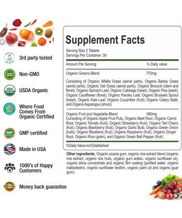 Organic Superfood Greens Fruits Veggies Complex - 120 Count Pack - Antioxidant-Rich Dietary Supplement with 14 Greens, 14 Fruits & Vegetables, Alfalfa - Non-GMO, Organic Ingredients - Buy Online on GoSupps.com