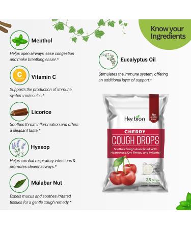 HERBION Naturals Cough Drops with Natural Cherry Flavor Dietary Supplement Soothes Cough for Adults and Children Over 6 Years 25 Drops No Artificial Flavor 125 Lozenges Pack of 5 - Buy Online on GoSupps.com