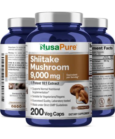 NusaPure Shiitake Mushroom Extract 9000mg - 200 Veggie Capsules | Non-GMO & Gluten-Free - Buy Online on GoSupps.com
