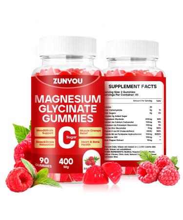 Magnesium Glycinate Gummies 400mg Sugar Free Magnesium Gummies for Sleep Muscle Support and Relaxation Calm Magnesium Supplements for Women and Men 90 Count