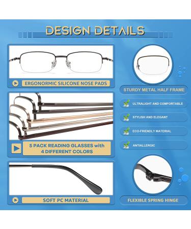 5 Pack Men's Blue Light Blocking Reading Glasses | Metal Frame Anti-Eye Strain Eyewear | Gunmetal, Gold, Silver, Brown | 2.0x Magnification - Buy Online on GoSupps.com