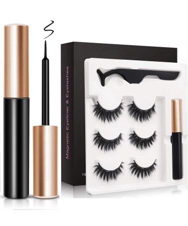 Magnetic Eyelashes and Eyeliner Kit Cuttable Strong Magnetism 3D Waterproof Natural Look Reusable False Lashes with Tweezer Easy to Wear (3 Pairs)