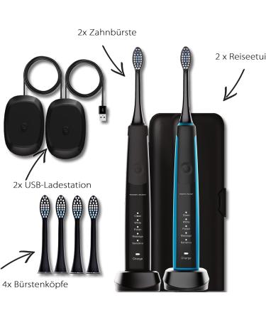 Tristan Auron Double Pack Sonic Toothbrush - 55 000 Vibrations 60-Day Battery 5 Modes Travel Case & 4 Brush Heads - Black & Blue Set - Buy Online on GoSupps.com