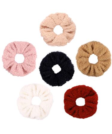 WATINC 6Pcs Teddy Faux Fur Hair Scrunchies  Colorful Large Hair Ties  Strong Elastic Hair Bobbles for Ponytail Holder  Hair Accessories Ropes Scrunchie for Women & Girls  Solid Color Hair Band Set