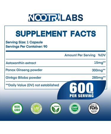 Astaxanthin 15mg + Panax Ginseng Ginkgo Biloba Supplements | 90 Vegan Capsules | Eye Skin Joint Health Energy Cardiovascular Support | Immune Defense Focus Memory Booster - Buy Online on GoSupps.com