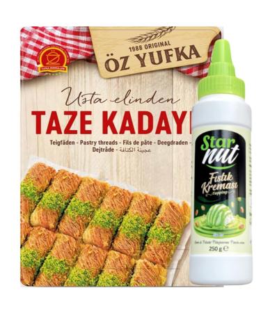OZYUFKA Fresh Dough Yarn Kataifi Kadayif Shredded Fillo Paste Kadaifi Kadayif Taze Yarn for Chocolate Dubai 400g with Pistachios Cream 250g Tube