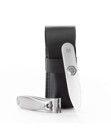 GERMANIKURE Nail clipper and Glass Nail File Set in Black Leather Case - Made in Solingen Germany of FINOX Stainless Steel Glass Nail Care Supplies Made in Czech Republic