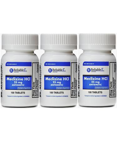 RELIABLE 1 LABORATORIES Meclizine 25 mg Generic Bonine Motion Sickness (100 Chewable Tablets 3 Bottles) - Prevent nausea vomiting and dizziness caused by motion sickness