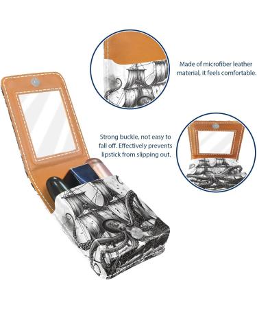 Leather Lipstick Case Organizer with Mirror | Mini Lip Gloss Holder Bag | Devilfish Pirate Sailboat Design - Buy Online on GoSupps.com