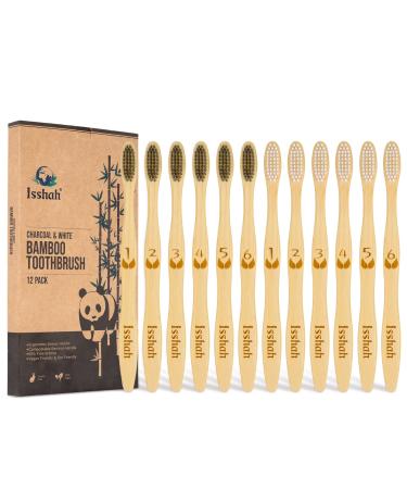 Isshah Biodegradable Eco-Friendly Natural Bamboo Charcoal Toothbrushes - 12 Count