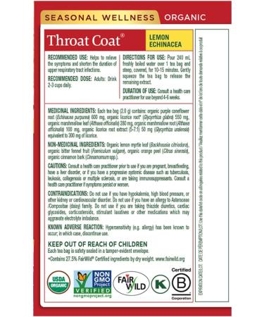 Traditional Medicinals - Organic Throat Coat Lemon Echinacea Herbal Tea (Pack of 6) - Helps Relieve Symptoms of Upper Respiratory Tract Infection - Sustainably Sourced Fair Wild Ingredients - 96 Tea Bags Total Throat Coat Lemon Echinacea 16 Count (Pack of - Buy Online on GoSupps.com