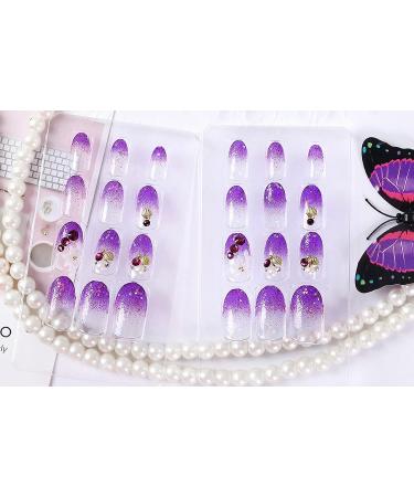 IMSOHOT Oval Medium Glossy Gradient Purple Press on Nails - Cute 3D Flower Acrylic Fake Nails for Women and Girls - Buy Online on GoSupps.com