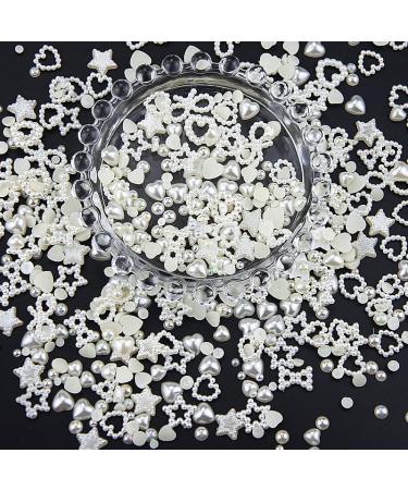 500Pcs Creamy White Pearls 3D Nail Charms Multi Shapes Heart Star Bowknot Round Pearls Nail Beads Acrylic Hollow Heart Star Pearls Nail Art Charms for Manicure DIY Crafts Jewelry Accessories S2-creamy
