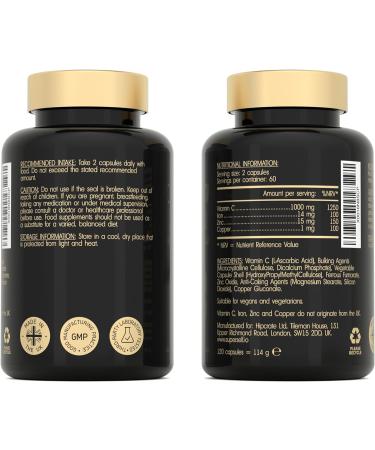High Strength Vitamin C and Zinc Tablets - 1000mg Enhanced with Iron, Copper - 120 Capsules - Vegan Immune System Support - Buy Online on GoSupps.com
