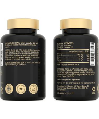 Vitamin C and Zinc Tablets - 1000mg VIT C Enhanced with Zinc Iron Copper High Strength - 120 Easy to Swallow Capsules - Vegan Immune System Complex Vitamin C Supplement with Superior Absorption - Buy Online on GoSupps.com