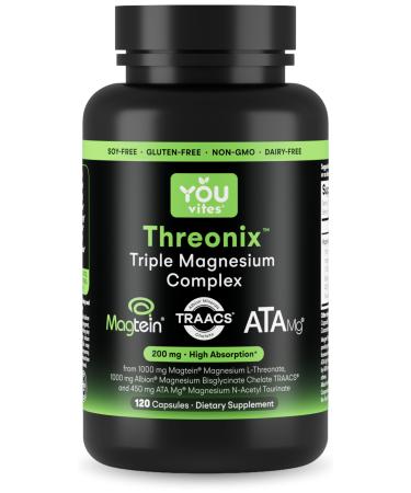 You Vites Threonix Triple Magnesium Complex - 200 mg Magnesium from 2450 mg of Magtein L-Threonate Bisglycinate Chelate TRAACS & ATA Mg - Brain Sleep & Mood Support - High Absorption - 120 Capsules