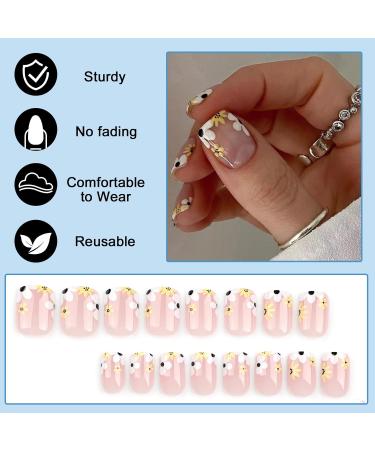 24 Pieces Short Angular Nude French Press On Nails - Acrylic Ballerina Fingernails with Flower Design for Women & Girls - Perfect Nail Art Manicure - Buy Online on GoSupps.com