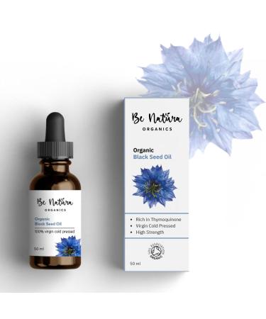 Be Natura Organics Pure Organic Blackseed Oil 50ml - Organic coldpressed Virgin Premium Quality of Nigella Sativa (Black Cumin Seed) | High Strength +2% Thymoquenine | Glass Bottle | Soil Association