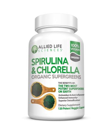 Allied Life Spirulina and Chlorella | Organic Chlorophyll Vegan Protein Powder Green Superfood | 120 Capsules 120 Count (Pack of 1)