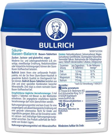 Bullrich Acid-Base Balance Tablets with Zinc | Vegan | 180 Pieces in Travel Tube | Optimal pH Balance Supplement - Buy Online on GoSupps.com