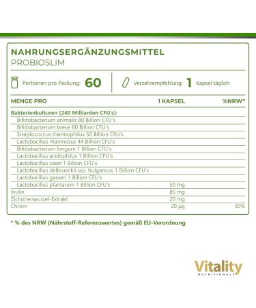 Probioslim High Dose Capsules - 10 Bacterial Cultures Chrome & Fiber - Vegan - 60 pcs - Healthy Intestinal Flora | Vitality Nutritionals by VitaminExpress - Buy Online on GoSupps.com