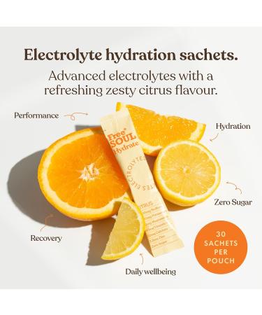 Free Soul Hydrate | Electrolyte Hydration Sachets with Sodium Magnesium Vitamin C & More | Zero Sugar Advanced Electrolyte Powder for Daily Use | Citrus Salt Flavour | 30 Sachets Citrus 30 Servings (Pack of 1) - Buy Online on GoSupps.com