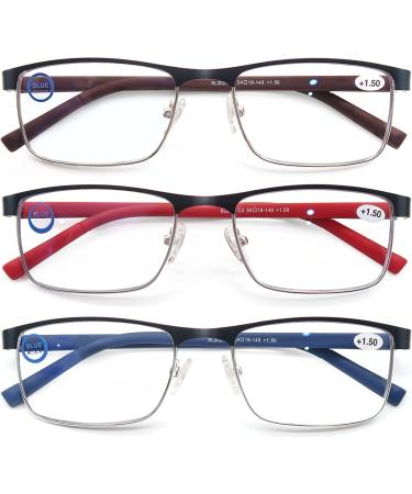 MODFANS 3 Pack Reading Glasses for Men & Women - Blue Light Filter Metal Frame Rectangle Style Stainless Steel - Red Blue Brown +1.50 - Buy Online on GoSupps.com