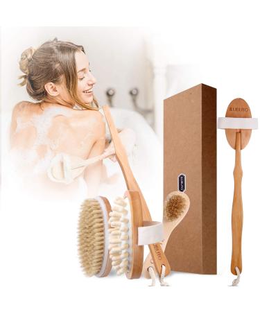 Premium Dry Brushing Body Brush Set - Dry brush for cellulite and lymphatic, Natural Boar Bristles & Long Handle Back Scrubber, Bath & Shower Brush, Face Exfoliating, SPA Massage kit, for A Glowing