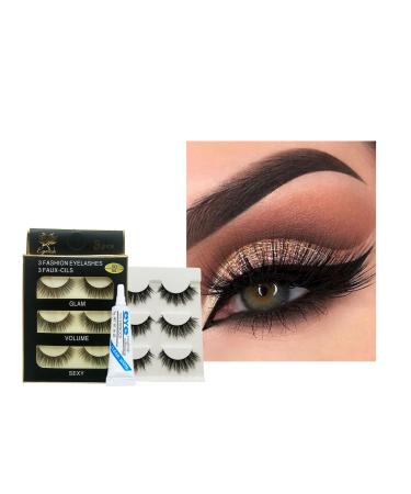 3D False Lashes 6 Pairs Strip Lashes with Glue Natural Eyelashes Volume Fluffy Wispy Eyelashes Thick Long Fake Eyelashes Russian Lashes