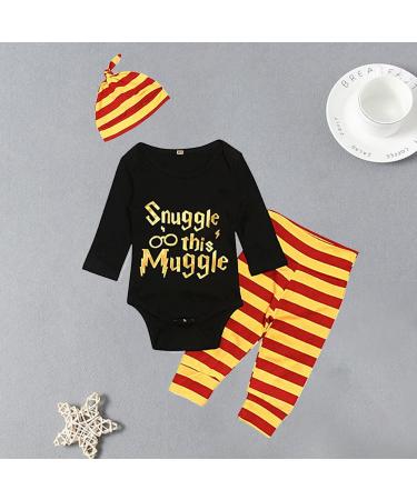 Baby Snuggle This Muggle Bodysuit Set 6-9 Months | Black Long Sleeve Outfit with Striped Pants & Hat - Buy Online on GoSupps.com