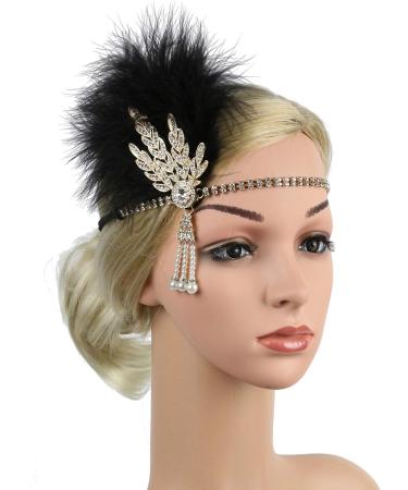 Z&X 1920s Feather Headband Gatsby Party Headpieces for Women Rhinestone 20s Roaring Hair Accessories Black Gold #010 Black Gold - Buy Online on GoSupps.com