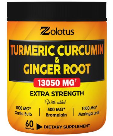 6 in 1 Turmeric Curcumin + Ginger Capsules 95% Curcuminoids Equivalent to 13050mg with Ginger Garlic Bulb Bromelain Moringa Black Pepper Joint Inflammatory & Absorption Support 60 Count (Pack of 1)