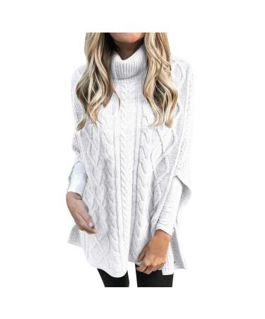 oelaio Women Turtleneck Sweaters Split Hem Pullover Knit Sweater Tops Cape Turtleneck Poncho Sweater Women White#1 Medium
