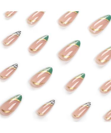 French Tip Press on Nails with Nail Tips Green almond shaped fake nails with black and gold stripe design press on nails Acrylic False Nails Cute Artificial Nails - Buy Online on GoSupps.com