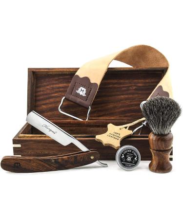 Hand Assembled Classic Collection Vintage Barber Salon Outstanding Wooden Box Straight Cut Throat Wooden Shaving Razor Wooden Black Badger Hair Shaving Brush Leather Strop And Honing Paste. Set 5 Pc Luxury Kit.