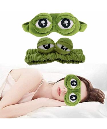Frog Sleep Eye mask and Headband for Women Cute and Funny for Travel Yoga nap and face wash Makeup Shower Green 2pcs
